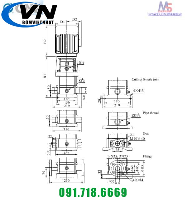 MÁY BƠM LY TÂM TRỤC ĐỨNG NHIỀU TẦNG CÁNH CNP CDL2-13 2HP/380V 5